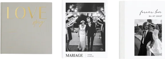 Trois couvertures d'albums photo : lin gris doré, photo noir et blanc, couverture blanche