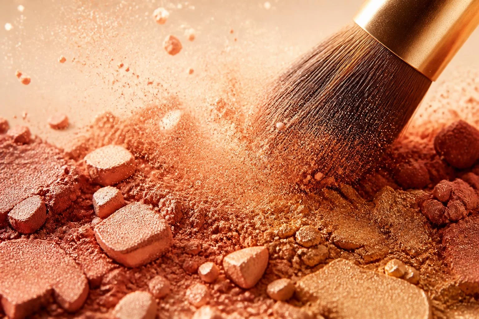 Pinceau qui soulève un nuage de poudre et de pigments cuivrés