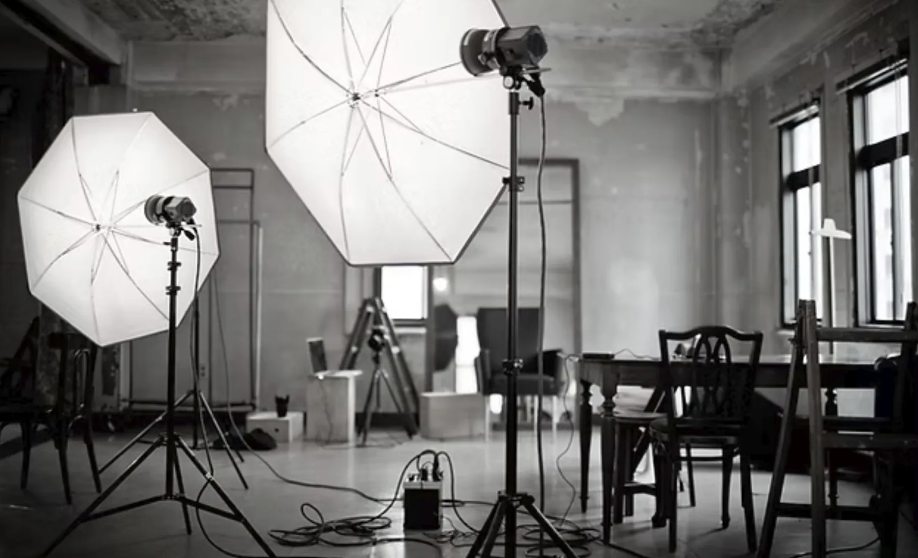 Le studio avec ses flashs et ses parapluies